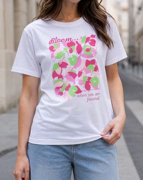 Shein Short Sleeves Floral Chest Print Crew Tshirt-picture-13