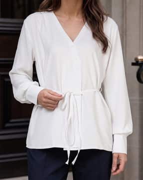 Shein Shein Women Cuffed Sleeves Front Tie Up Buttoned Wrap Top