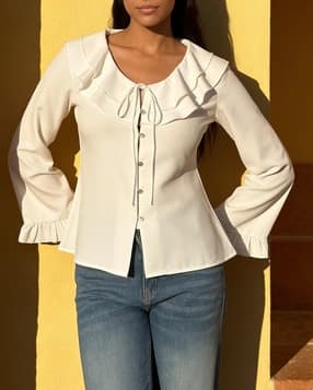 Shein Bell Sleeve Front Tie-Up Overlay Ruffle Detail Top-picture-33