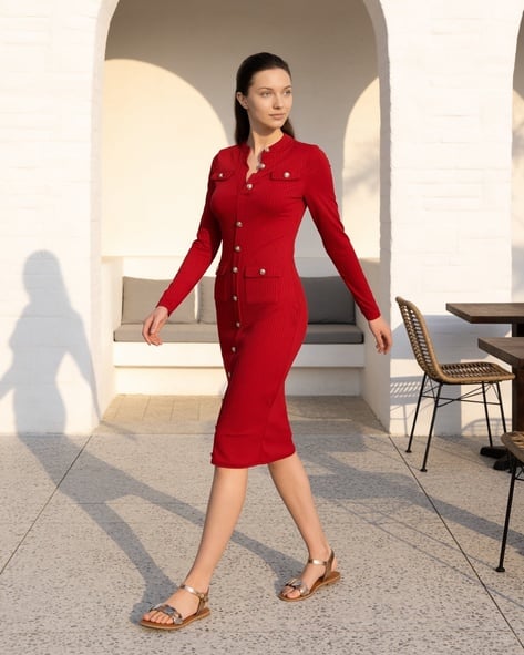 bodycon dress with sleeves knee length Buy Burgundy Dresses for Women by Shein Online Double layered with good