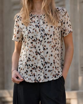 Shein Notched Neck Front Pleated Abstract Print Top-picture-18