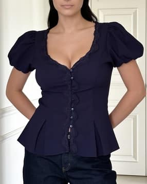 Shein Puff Sleeve Scalloped Trim Tie Up Pleated Top-picture-30