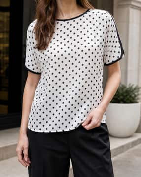 Shein Contrast Trim Extended Sleeve Polka-Dot Print Top-picture-25