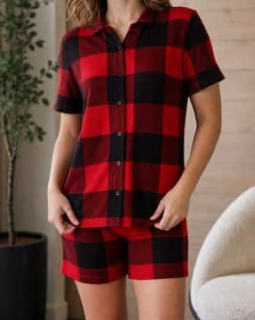 Shein Medium Length Short Sleeve Checked Shirt & Shorts Set-picture-53