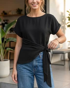 Shein Extended Sleeve Side Pleated Tie-Up Asymmetric Hem Top-picture-26