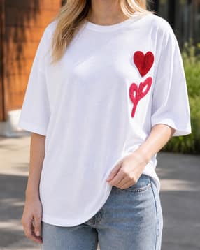 Shein Drop Shoulder Heart Placement Patch Detail Crew Tshirt-picture-52