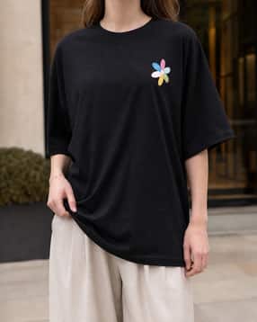 Shein Drop Shoulder Floral Placement Patch Detail Crew Tshirt-picture-34