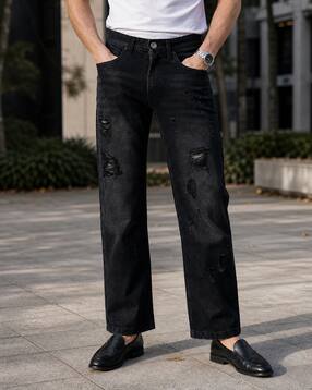 Shein Fly With Button Closure Mid Wash Distressed Jeans-picture-49