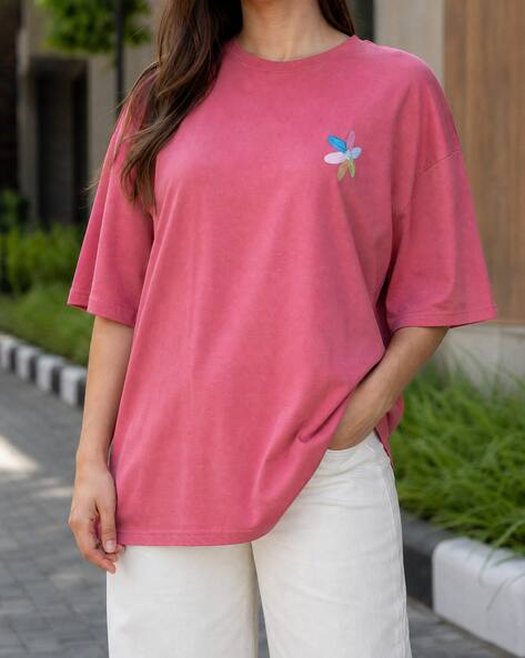 Shein Drop Shoulder Floral Placement Patch Detail Crew Tshirt