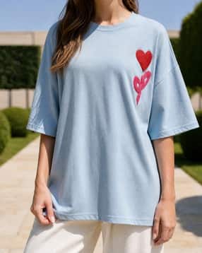 Shein Drop Shoulder Heart Placement Patch Detail Crew Tshirt-picture-39