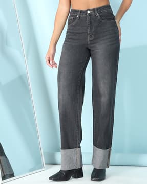 Shein Shein Women Fly With Button Closure Folded Hem Mid Wash Jeans