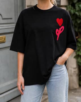Shein Drop Shoulder Heart Placement Patch Detail Crew Tshirt-picture-48