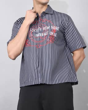 Shein Spread Collar Typographic Chest Print Striped Shirt-picture-29