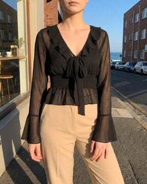 Shein Shein Flounce Sleeve Ruffled Overlay Textured Peplum Top