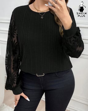 shein plus Plus Size Women Medium Length Floral Lace Sleeve Self-Design Top-picture-12