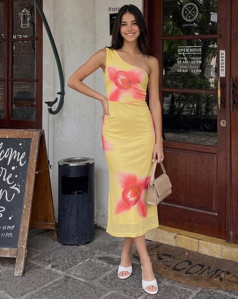 shein floral print one shoulder dress SHEIN BAE Summer Floral Print Asymmetrical Open Shoulder Long Women's Dress, Elegant Street Style Fit For Vacation