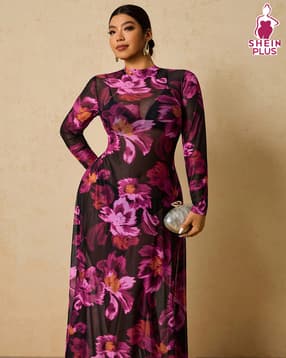 shein plus Plus Size Women Mock Neck Full Sleeve Floral Print Sheath Dress-picture-15