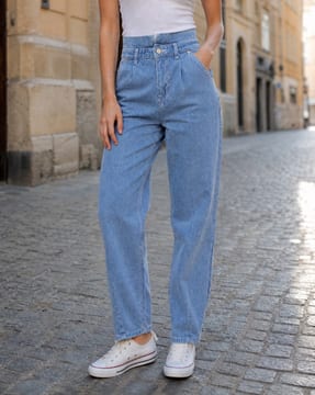 Shein Shein Women Fly With Button Closure Paperbag Waist Light Wash Jeans