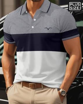 SHEIN Plus Plus Size Men Short Sleeve Colour-Block Logo Print Polo Tshirt