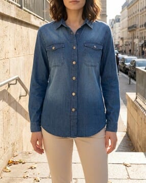 Shein Spread Collar Full Cuffed Sleeves Denim Shirt-picture-13