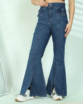 Shein Full Length Panelled Slit Hem Light Wash Jeans-image-7