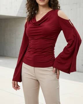 Shein Shein Women Plunging Cowl Neck Bell Sleeve Cut-Out Detail Top