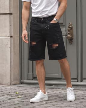 Shein Fly With Button Closure Distressed Denim Shorts-image-44