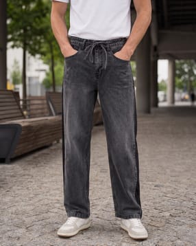 Shein Drawstring Waist Side Contrast Detail Mid Wash Jeans-picture-28