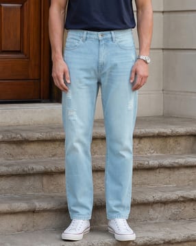 Shein Fly With Button Closure Mid Wash Distressed Jeans-picture-24