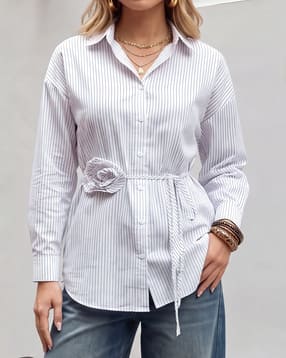 Shein Drop Shoulder Floral Applique Striped Long Shirt-picture-15