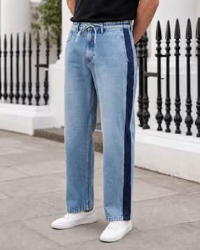 Shein Drawstring Waist Side Contrast Detail Mid Wash Jeans-picture-19