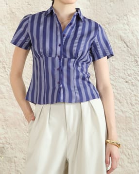Shein Women Short Sleeve Front Pleated Striped Shirt-picture-37