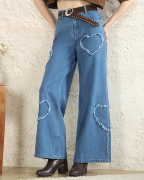 Shein Women Frayed Heart Patch Detail Light Wash Jeans-picture-50