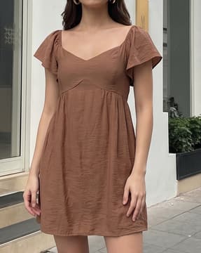 light brown skater dress Short Sleeve Brown Check Skater Dress