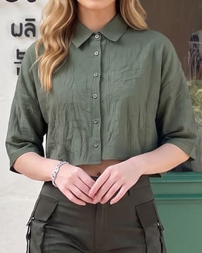 Shein Drop Shoulder Spread Collar Textured Crop Shirt-picture-39