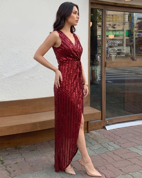 red formal dress shein Plunging Shein Plunging Neck Sequined Mock Wrap Slit Sheath Dress For Women ( McCall