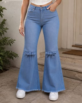 Shein Women Bow Knot Detail Frayed Hem Mid Wash Jeans-image-26