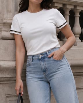 Shein Women Short Sleeve Contrast Braided Trim Crew Tshirt-picture-15