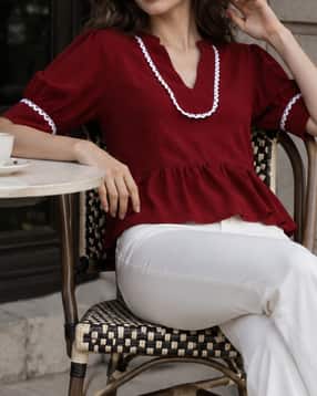 Shein Women V Neck Puff Sleeve Lace Trim Peplum Top-picture-19