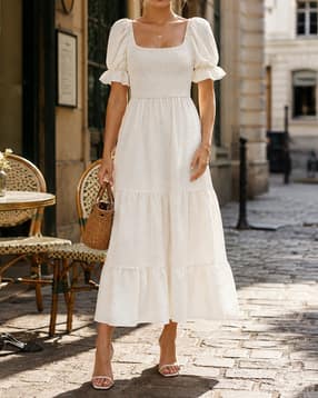 shein a line dress Shein Women's White A-Line Dress Size XS Floral Long Lantern Sleeves Ruffle Hem