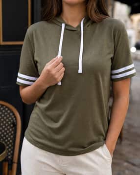 Shein Women Short Sleeve Contrast Striped Hooded Tshirt-picture-24