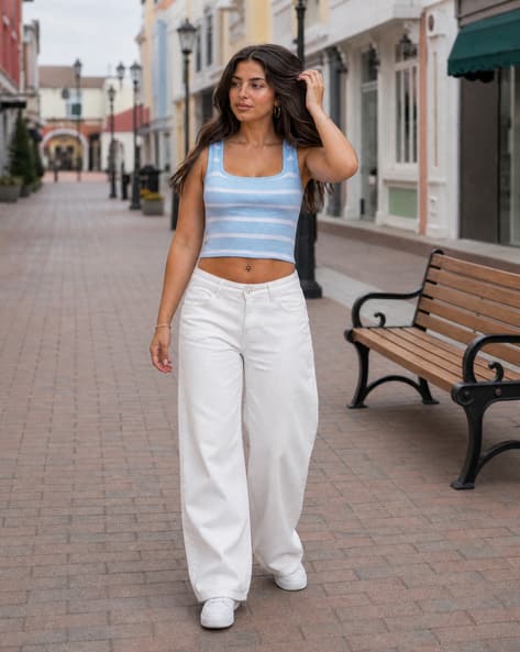 crop tank bench tank top Shein Shein Women Square Neck Sleeveless Striped Tank Top For Women (Blue, L)