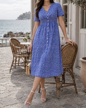 Shein Women Short Sleeve Smocked Waist Floral Print A-Line Dress-image-31