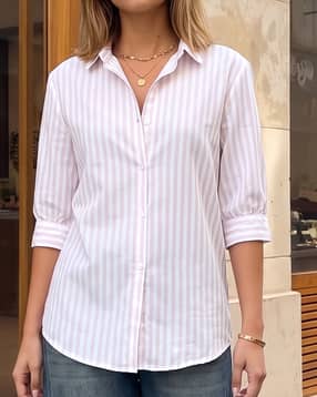 Shein Spread Collar Cuffed Sleeve Stripes Shirt-picture-19