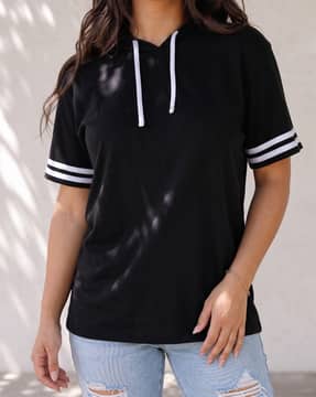 Shein Shein Women Short Sleeve Contrast Striped Hooded Tshirt