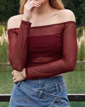 Shein Shein Off-Shoulder Sheer Mesh Textured Bardot Top