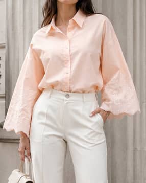 Shein Women Contrast Floral Embroidered Bell Sleeve Shirt-picture-16