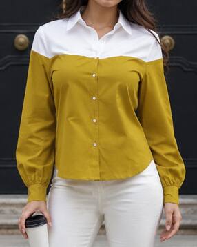 Shein Women Spread Collar Cuffed Sleeve Colour-Block Shirt-image-39