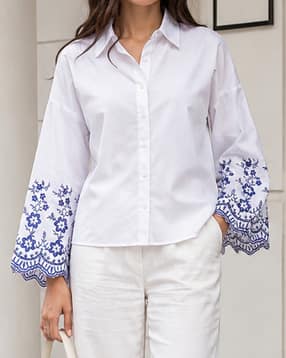Shein Women Contrast Floral Embroidered Bell Sleeve Shirt-picture-14