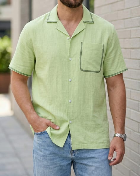 Shein Men Cuban Collar Contrast Stitched Shirt with Pocket